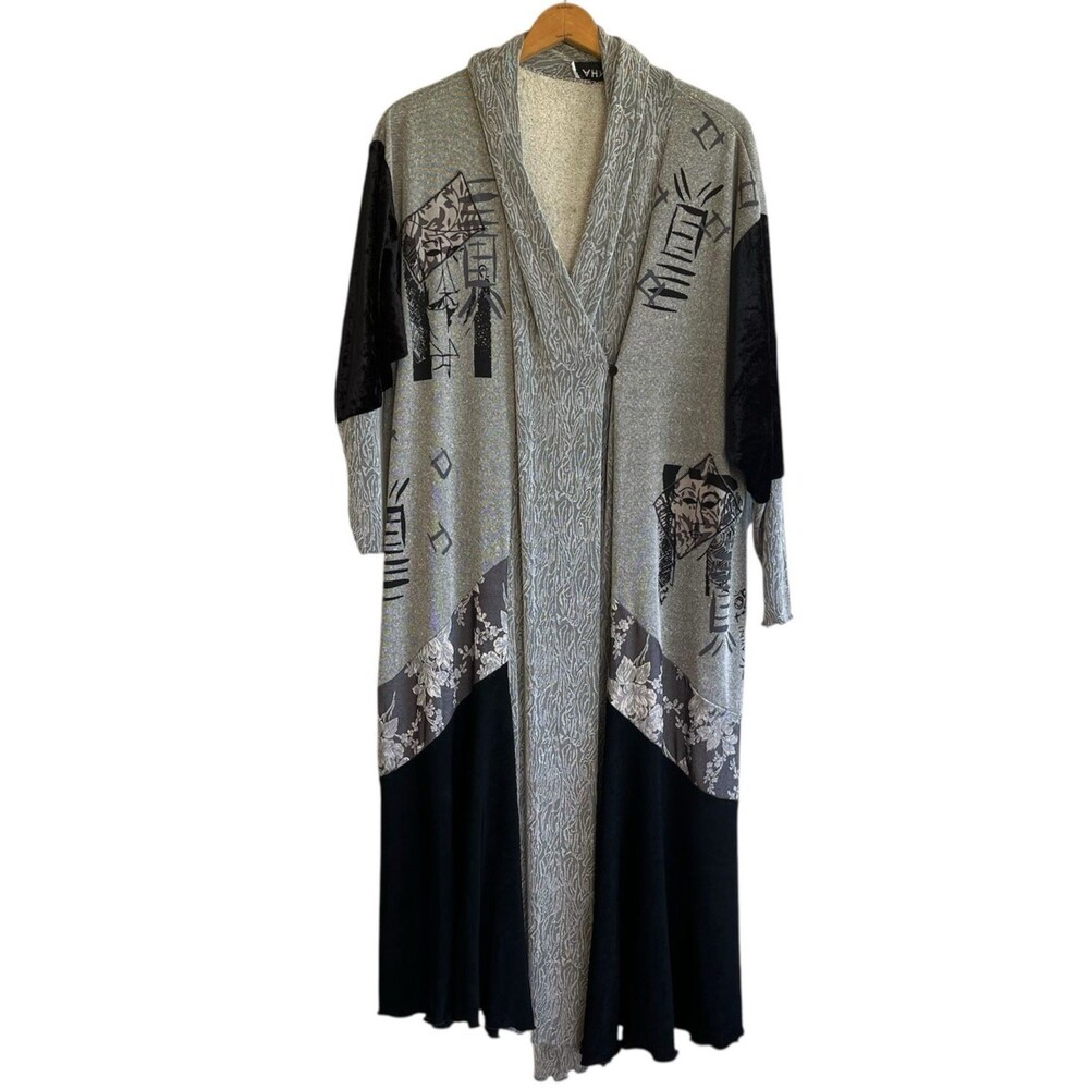 AHNI Asian Print Duster Cardigan Mixed Fabrics Long Art To Wear Heavy READ